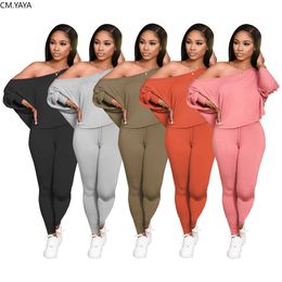 CM.YAYA Streetwear Women's Set Two Piece Set Off Shoulder Tops Leggings Jogger Pants Suit Tracksuit Matching Set Casual Outfit Y0625