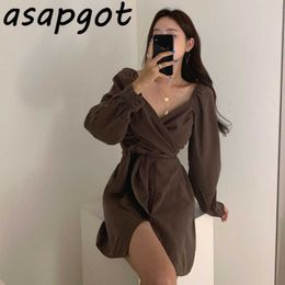 Elegant V-neck Cross Lace Up Chest Wrap Slim A-line Vintage Spring Bow Solid Casual Single-breasted Shirts Dress Women Mini 210610