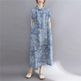 Ethnic Clothing Improved Printed Cheongsam Dress Retro Tea Female Chinese Stand-Up Collar Short-Sleeved Cotton And Linen Qipao