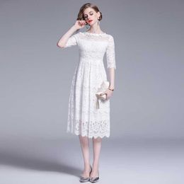 Sexy Solid white women summer dress Hollow out Flower Lace Vintage holiday beach Midi female party vestidos 210529