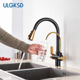 Purification Kitchen Sink Faucet Purified Water and Cold Water Faucets Black Golden Deck Mounted Dual Handle Mixer Tap 210719