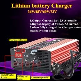 Intelligent 24v 36V 48V 60V 72V 12A charger 2-12A Adjustable with led display for Lifepo4 Li-ion battery pack