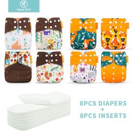 HappyFlute 8 diapers+8 Inserts Baby Cloth Diapers One Size Adjustable Washable Reusable Cloth Nappy For Baby Girls and Boys 210312