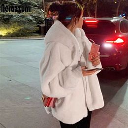 Nerazzurri Winter white oversized faux fur jacket women with hood raglan sleeve zipper Korean fashion clothing for womens 211007