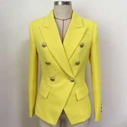 Classic Style Top Quality Original Design Women's Double-Breasted Blazer Slim Suit Jacket Metal Buckles Yellow Blazers Hemp&Cotton Blended Yarn Coat Outwear 2135