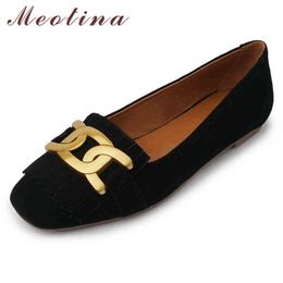 Meotina Women's Plain Suede Shoes Leather Slippers with Lace Square Toe and Metal Decoration Black 42 220209