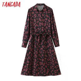 Tangada Autumn Fashion Women Leopard Print Shirt Dress Long Sleeve Office Ladies Midi Dress With slash SL140 210609