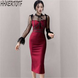 spring fashion sexy women western-style wave slimming mesh stitching Lace wrap hip dress 210531