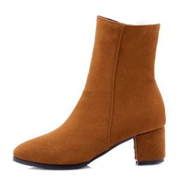 Plus Size 28-43 Women Ankle Boots Thick Heel Flock Square Toe Zipper Shoes Winter Warm Boots Women Party Footwear