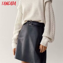 Tangada autumn winter women black faux leather skirts with belt decorate zipper female mini skirt 4C75 211120