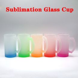 Sublimation 16oz Gradient Frosted Glass Tumblers Sublimation Blanks Skinny Beer Mug with Handle Water Cups 5 Styles