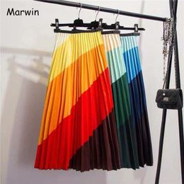 Marwin New-coming Spring Rainbow Discoloration Silk surface Retro Women Skirts High Street Style A-Line Striped Skirts 210310