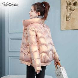 Vielleicht Women Winter Jacket Thick Stand Collar Warm Short Parkas Coat Elegant Shiny Cotton Padded Jackets Female 211013