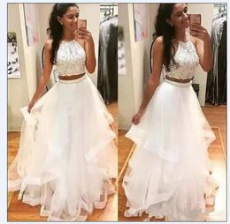 White Two Pieces Prom Dresses 2022 Halter Neck Long Tulle Crystal Beads 2 Pieces Open Back Party Dress Evening Gowns