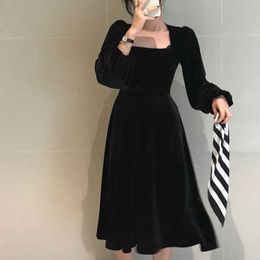 Joinyouth Vintage Velour Women Dress Square Collar Puff Long Sleeve Dresses Spring Korean Elegant Vestidos Femme Clothes 210706