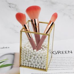 Cosmetic Storage Box Golden Desktop Lipstick Finishing Glass Jewellery Classification Storage Makeup Brush Organiser 210315