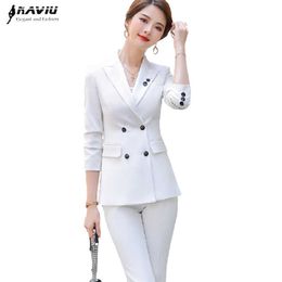 White Suit Winter Fashion Professioal Temperament Casual Formal Blazer And Pants Office Ladies Business Work Wear 210604