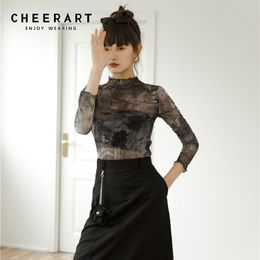 CHEERART Tulle Transparent Top Long Sleeve T Shirt Women Abstraction Print See Through Ladies Top Women Clothing 210302