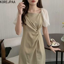 Korejpaa Women Dress Summer Korean Chic French Temperament Square Neck Mesh Puff Sleeves Stitching Twisted Waist Vestidos 210526