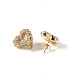 New Fashioin Earrings Gold Silver Color Bling CZ Heart Earrings Studs Fashion Hip Hop Jewelry Gift for Men Women