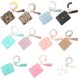 Silicone Bead Bracelet Favor Leopard Card Bag Wood Beaded PU Leather Tassel Keychain Portable Ladies Wallet with Snap DHL