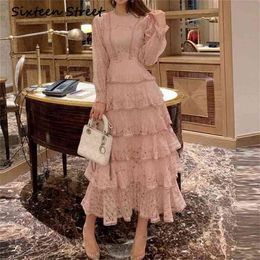 Pink Lace Woman Dresses Autumn Long-sleeve Floral Embroidery Elegant Party Maxi Dress Bud Bodycon 210603