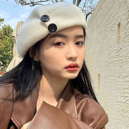 Japanese Designer Quality ~ Woollen Beret Women's Korean Version Versatile Button Painter's Hat Women Keep Warm in Winter