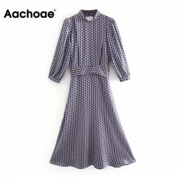 Aachoae Stylish Print Midi Dress Puff Sleeve Elegant Bandage Dress Back Hollow Out Chic Party Dress Vestido De Mujer XS-L 210306