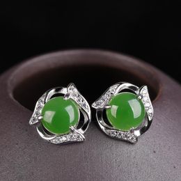 Stud Retro Country Tide Wind Hetian Jade Earrings Pure Silver Female 925 Inlaid Small Jasper