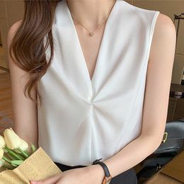 Blouses Femme Summer Sleeveless White Blouse Blusas Mujer Blouse Women V-Neck Chiffon Blouse Shirt Tops Women Shirts E779 210602