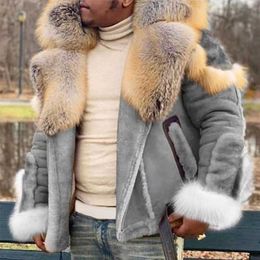 Luxury Men's Winter Coat With Pockets Plush Collar Lapel Faux Fur Jacket Thick Warm Fashion Male Overcoat Plus Size M-5XL 211202