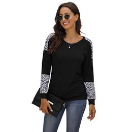 Summer Women Clothes Fashion Leopard Patchwork T-shirt O Neck Long Sleeve Casual Oversized Tshirt Tops Ladies Tee Shirt Femme 210608
