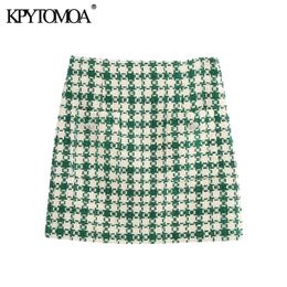 KPYTOMOA Women Fashion With Pockets Tweed Mini Skirt Vintage High Waist Back Zipper Female Skirts Mujer 210310