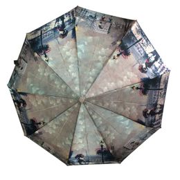 Automatic 3Fold 23"9K Umbrella Rain Women Satin Fabric Oil Painting Strong Frame Colorful Waterproof Windproof 210223