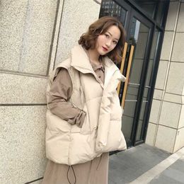 Loose Women's Sleeveless Jackets Solid Turn Down Collar Ladies Winter Vest Korean Style Oversize Waistcoat for Female 211120
