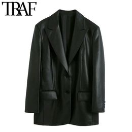 TRAF Women Fashion Faux Leather Loose Blazers Coat Vintage Long Sleeve Pockets Back Vents Female Outerwear Chic Tops 211006