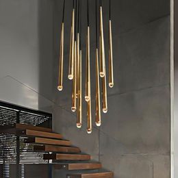 Pendant Lamps Light Luxury Staircase Chandelier All Copper Post-modern Large Apartment Living Room Duplex Corridor Long