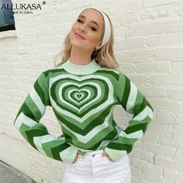 Y2K Aesthetics Sweater Women Heart Striped Fashion Sweaters E-girl Sweet Pullover Casual Elegant 90s Knitwear Round Neck Clothes 211215