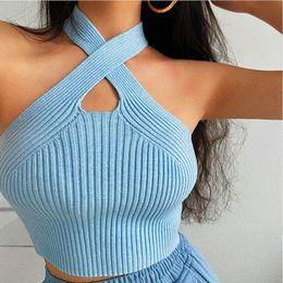 Women Halter Tops Female Knitted Off Shoulder Crop Cross Strappy Sexy Tank One size Crossover design Party Ladies camisole vest Hollow strapless All-match NUN0