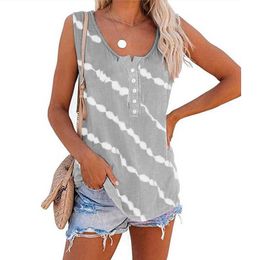 Plus Size Sleeveless Tshirt Women Casual Tie Dye Oblique Striped Loose Oversized T-shirts Tops Button Up Ladies Vest Summer 210526