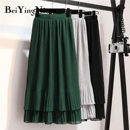 Beiyingni Vintage Pleated Skirt Women Ruffles Lining Chiffon Patchwork Black Casual Midi Skirts Long Korean Saias Mujer Faldas 210310