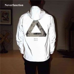 Men Spring full reflective Windbreaker Jacket male Streetwear hip hop printed Loose Hooded Coats fluorescent clothing 210811