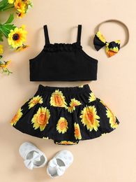 Baby Frill Trim Cami Top & Sunflower Print Skorts & Headband SHE