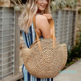 Evening Bags Women Boho Woven Handbag Summer Beach Tote Straw Bag Round Rattan Shoulder
