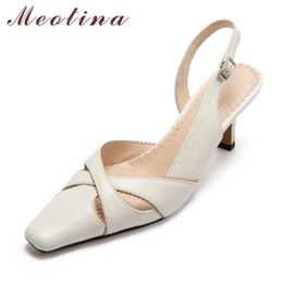 Meotina Real Leather High Heel Pumps Slingback Shoes Ladies Pointed Toe Stiletto Heels Footwear Female Summer Black Size 33-40 210608