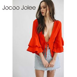 Jocoo Jolee Sexy Lace-up Women Coat with Three Quarter Butterfly Sleeves V-Neck Loose Winter&Spring Coat Global Shopping 210619