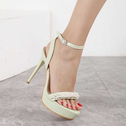 Women Shoes High Heel Green Platform Stiletto Sandals Summer Pearl Ladies Shoes Yellow Ankle Buckle High Heels Sandals Y0608