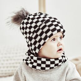 Autumn Winter Baby Kids Knitted Hat Neck Warmer Set Children Knitwear Plaid Beanie Skull Cap Neckerchief