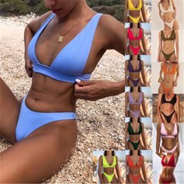 Womens Sling Bikini Swimsuit Fashion Trend Gather Bras Briefs Split Swimwear Summer Female Sexy Back Casual Solid Colors Beach Bikini