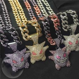 Hip Hop Zircon Anime Ghost Pendant With Iced Out Bling Rhinestone Miami Cuban Chain Choker Necklace For Men Boy Gothic Jewellery